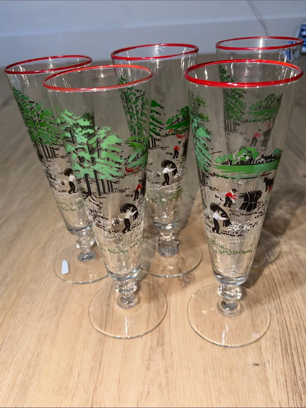 Vintage Libbey Pilsner Beer Glasses Set of 5 Amish Farm Currier & Ives Barware